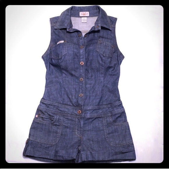 Vintage Frankie B. Blue jean Denim collared button up sleeveless romper Jumpsuit - Picture 3 of 12
